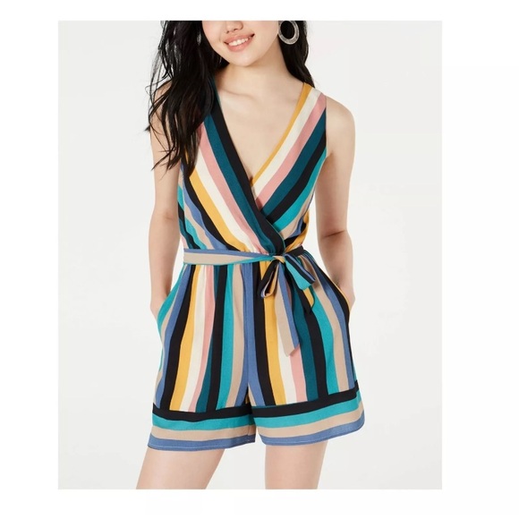 Speechless Blue Striped V Neck Belted Romper Size Medium - Picture 3 of 8